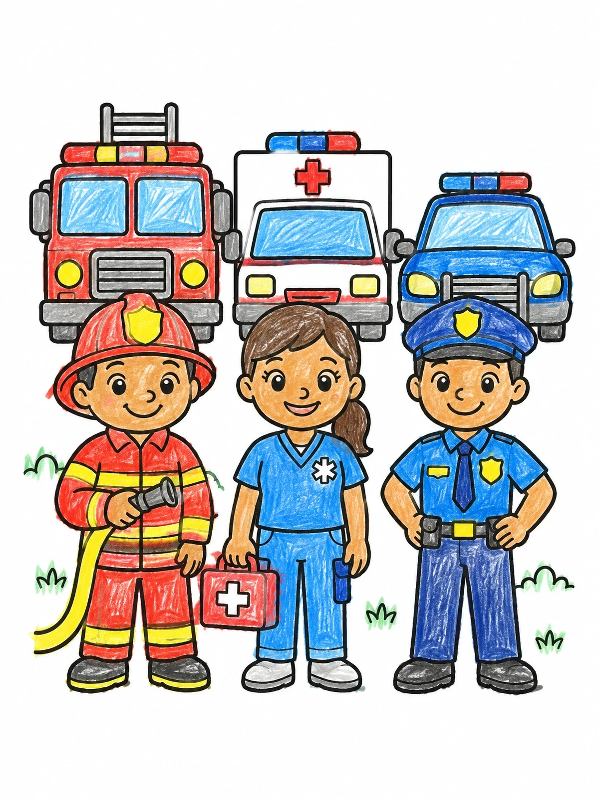 Colored example of the Friendly Emergency Team With Vehicles coloring page