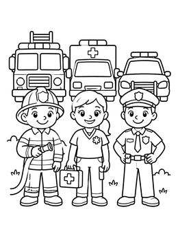 Free printable Friendly Emergency Team With Vehicles coloring page