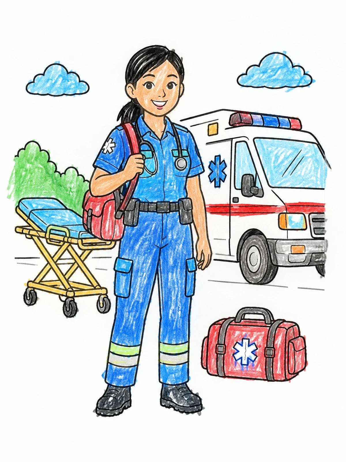 Colored example of the Friendly Paramedic With Ambulance coloring page