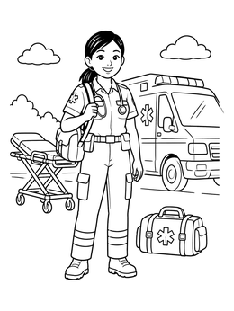 Free printable Friendly Paramedic With Ambulance coloring page