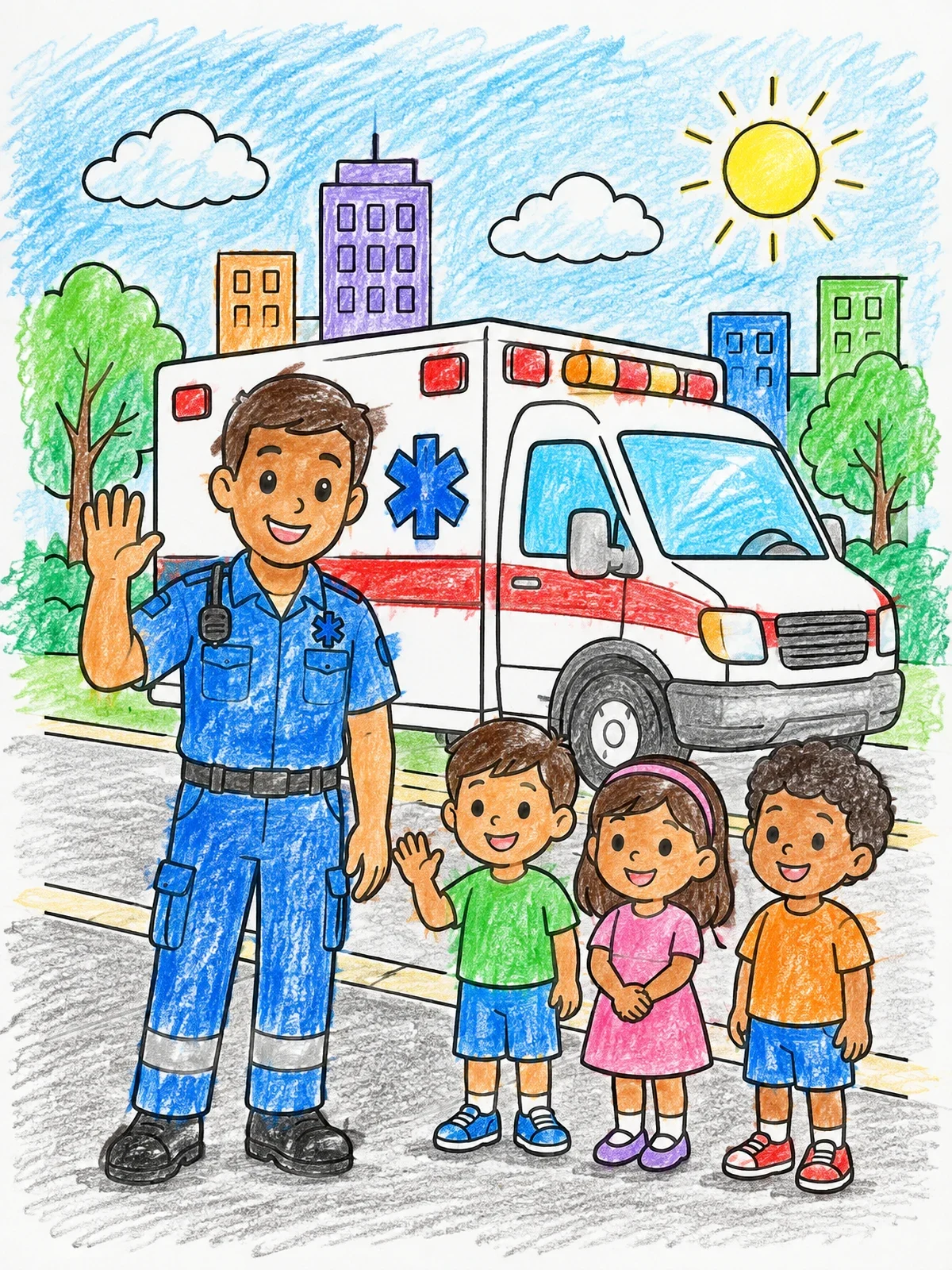 Colored example of the Paramedic With Ambulance And Children coloring page