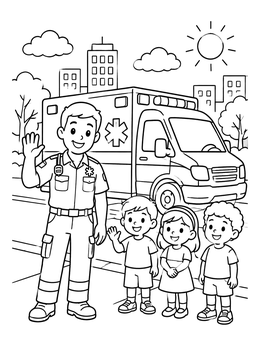 Free printable Paramedic With Ambulance And Children coloring page