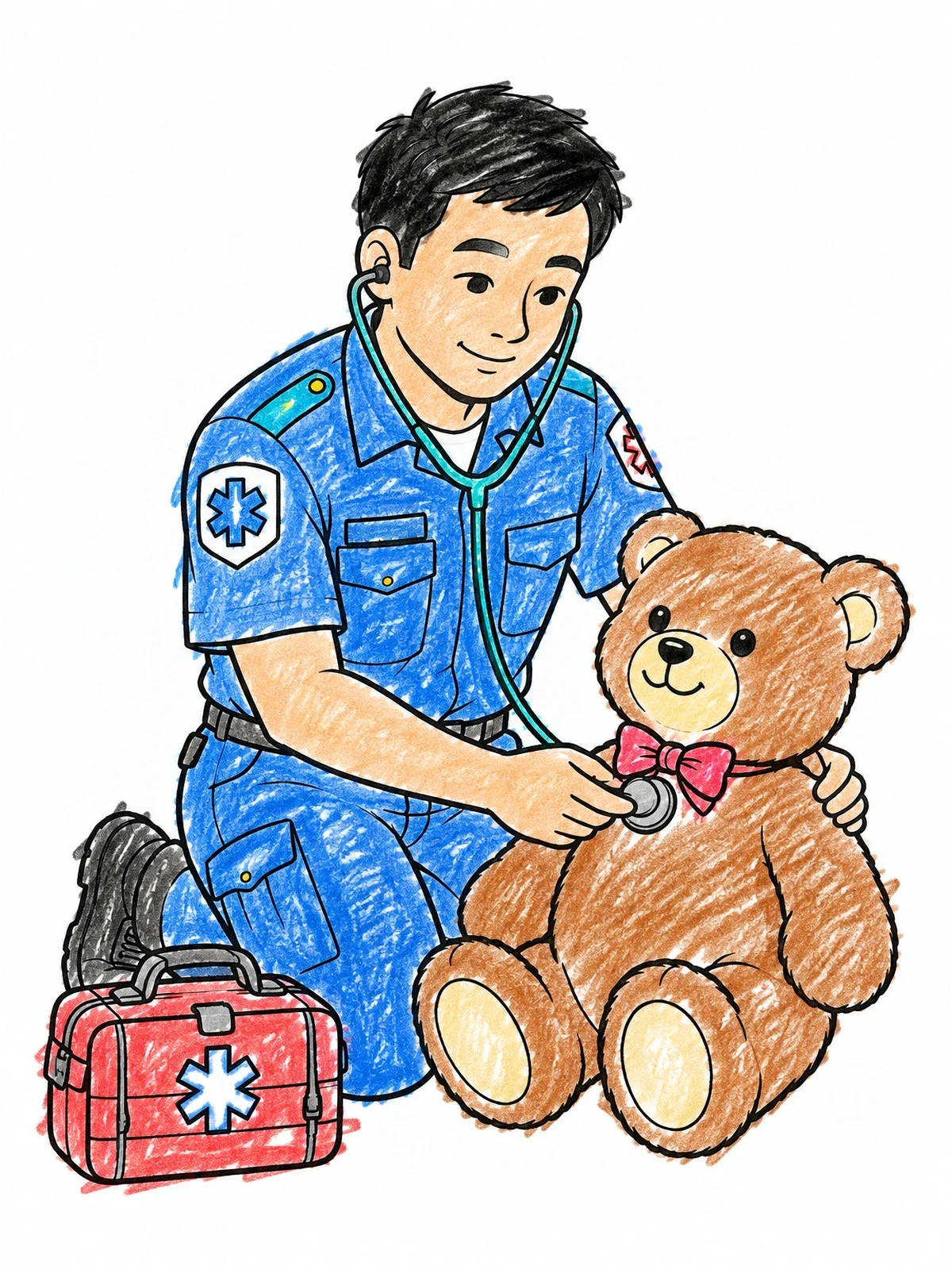 Colored example of the Paramedic Checking Teddy Bear Heartbeat coloring page