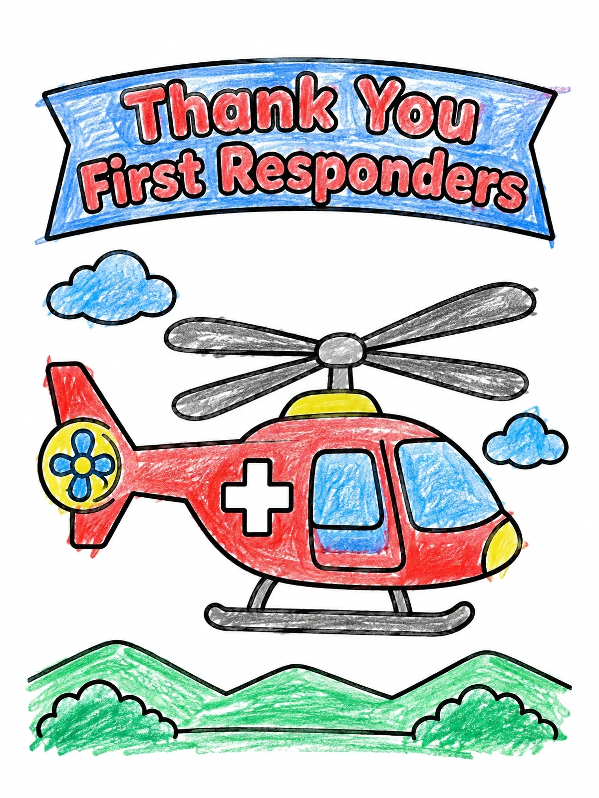 Colored example of the Rescue Helicopter Thank You Banner coloring page