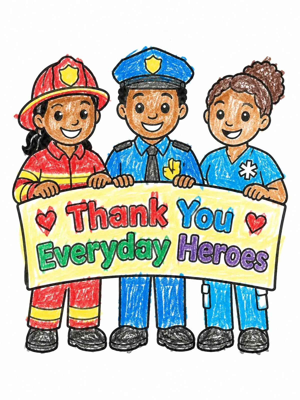 Colored example of the Thank You Everyday Heroes First Responders coloring page