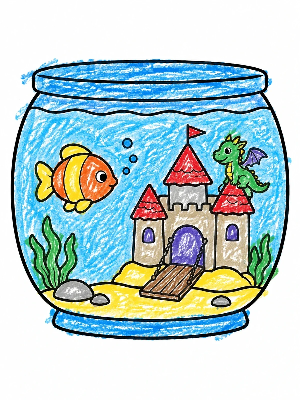 Colored example of the Dragon Castle Inside Fish Bowl coloring page