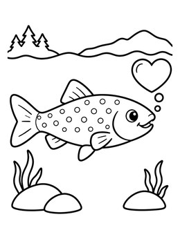 Free printable Cute Lake Trout Blowing Heart Bubble coloring page
