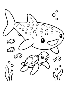 Free printable Cute Whale Shark And Sea Turtle coloring page
