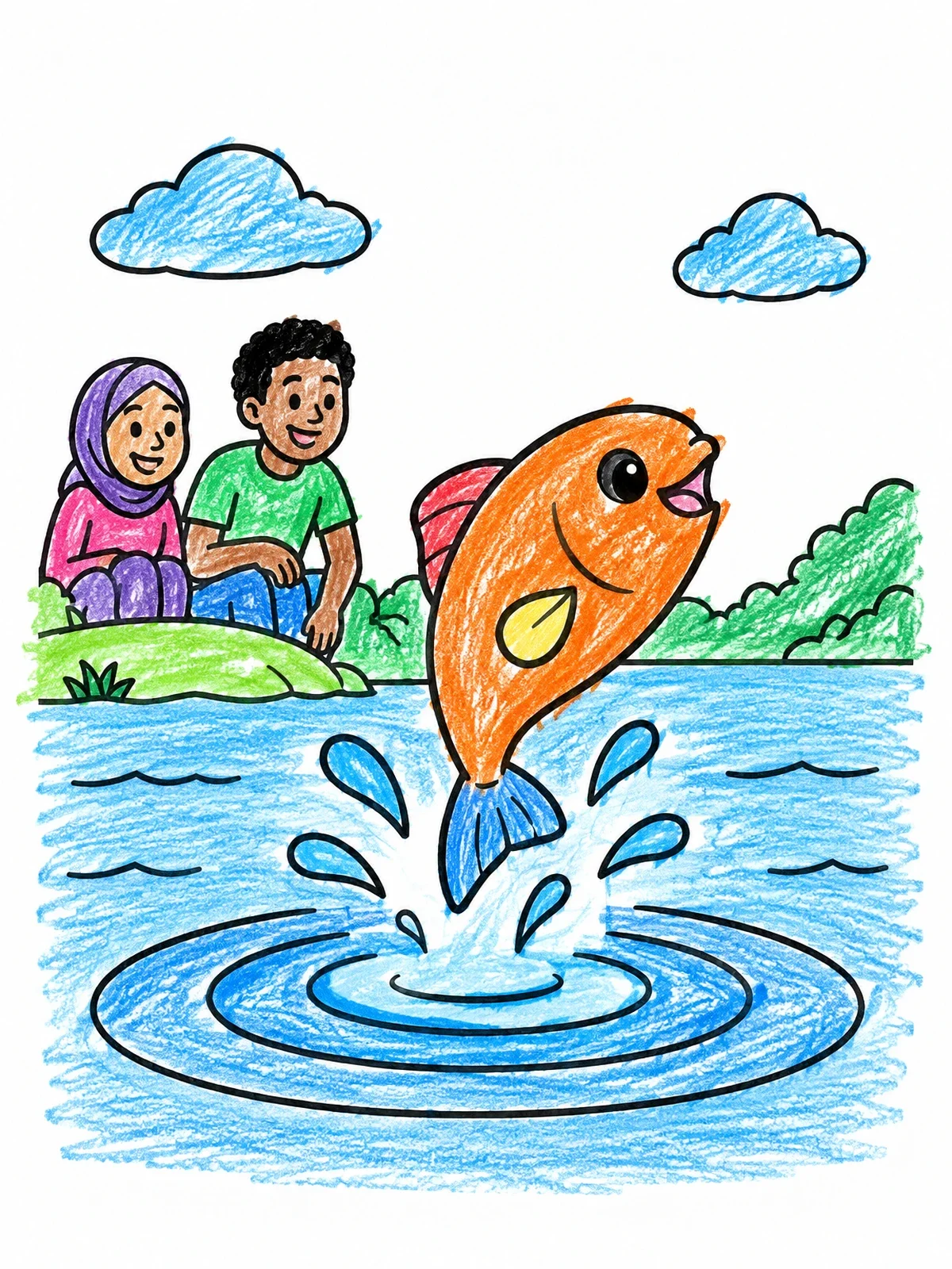 Colored example of the Fish Leaping From The Lake coloring page