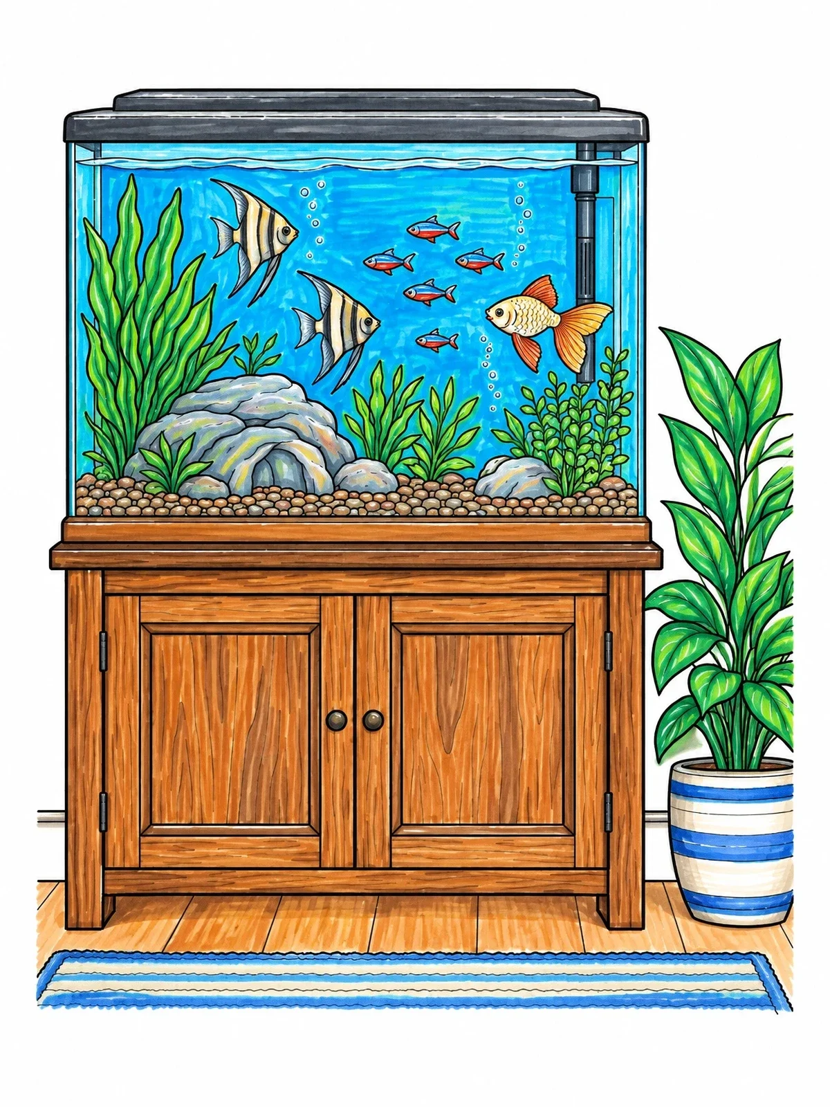 Colored example of the Aquarium On Wooden Cabinet With Plant coloring page