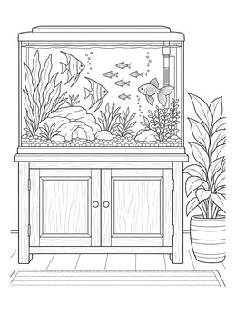Free printable Aquarium On Wooden Cabinet With Plant coloring page