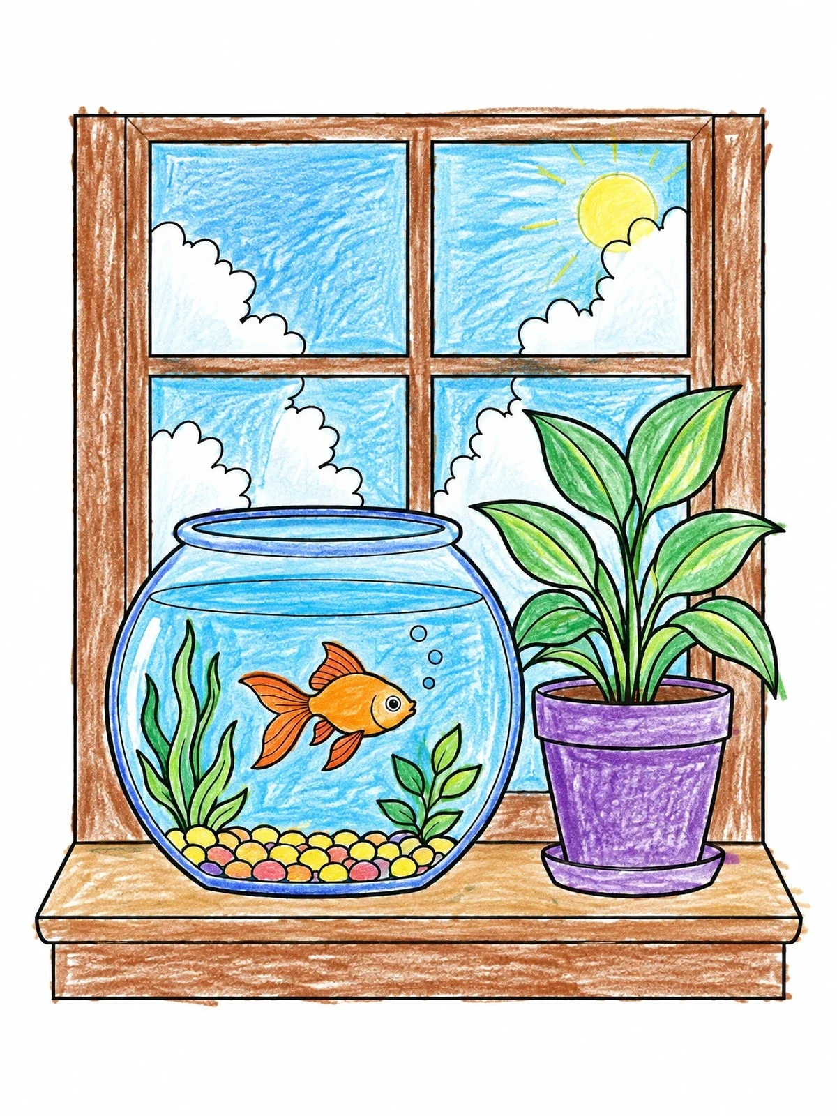 Colored example of the Fishbowl On A Sunny Windowsill coloring page