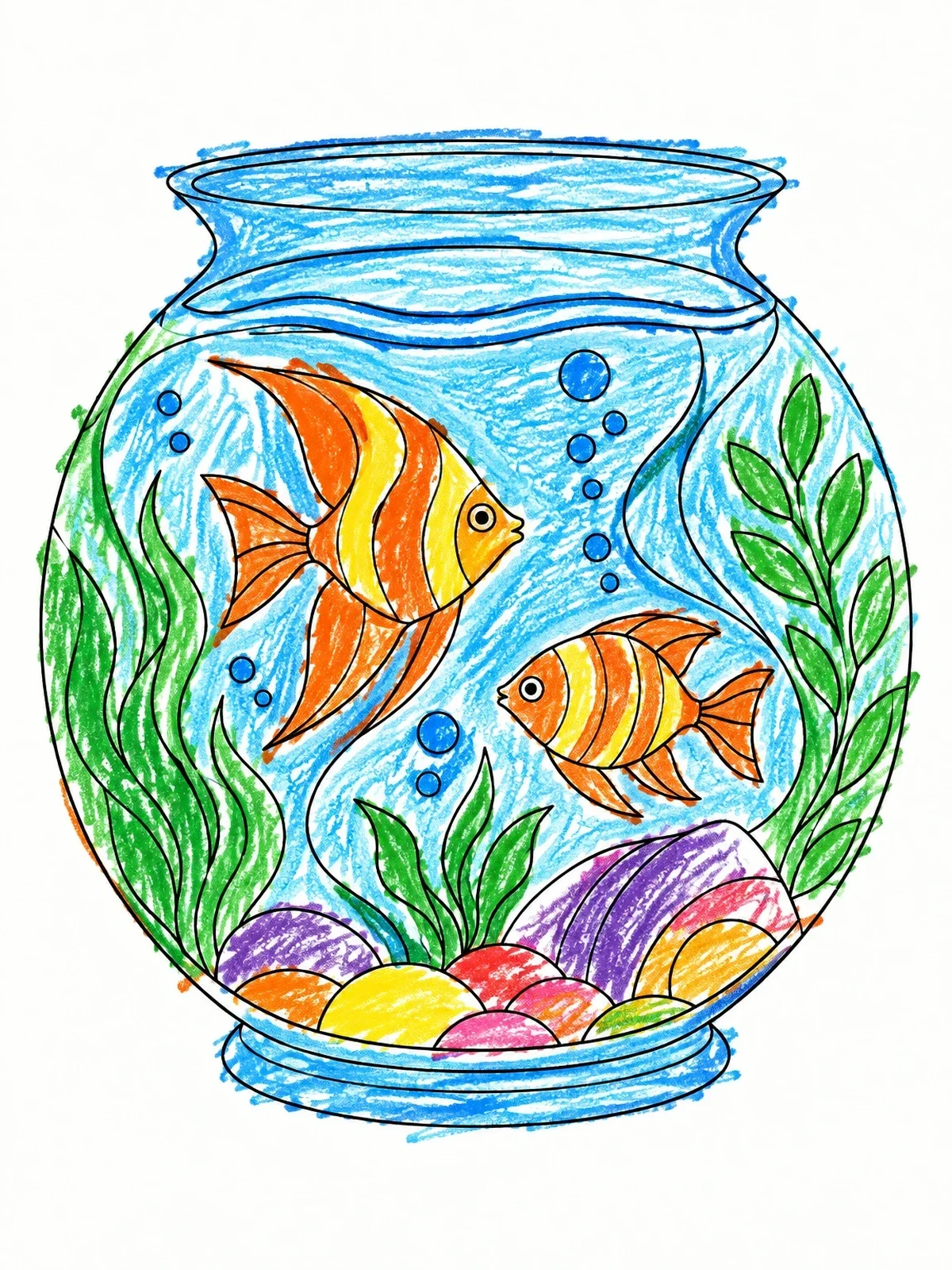 Colored example of the Round Fishbowl With Tropical Fish coloring page