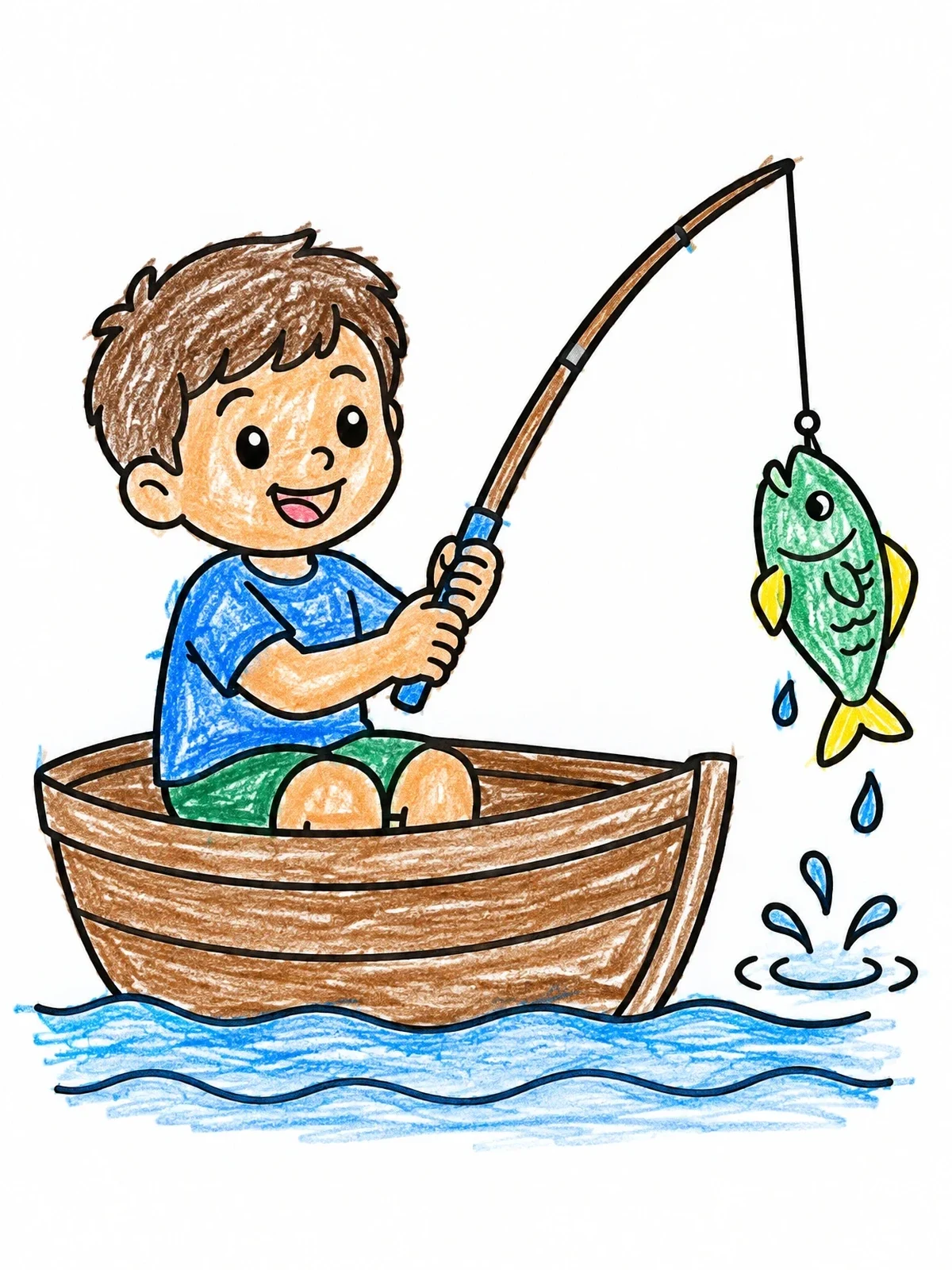 Colored example of the Happy Boy Catching A Fish coloring page