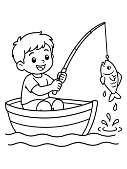 Free printable Happy Boy Catching A Fish coloring page