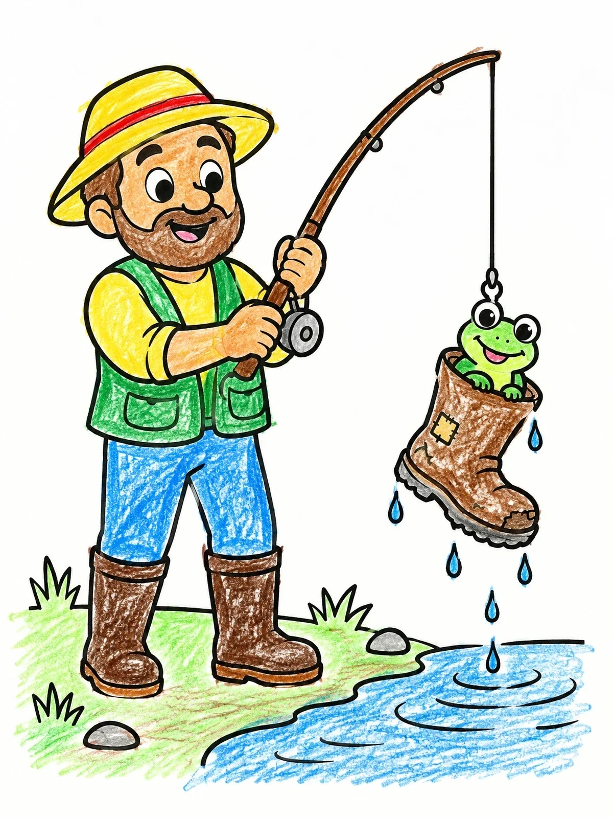Colored example of the Fisherman Catching Boot With Frog coloring page