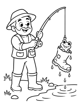 Free printable Fisherman Catching Boot With Frog coloring page