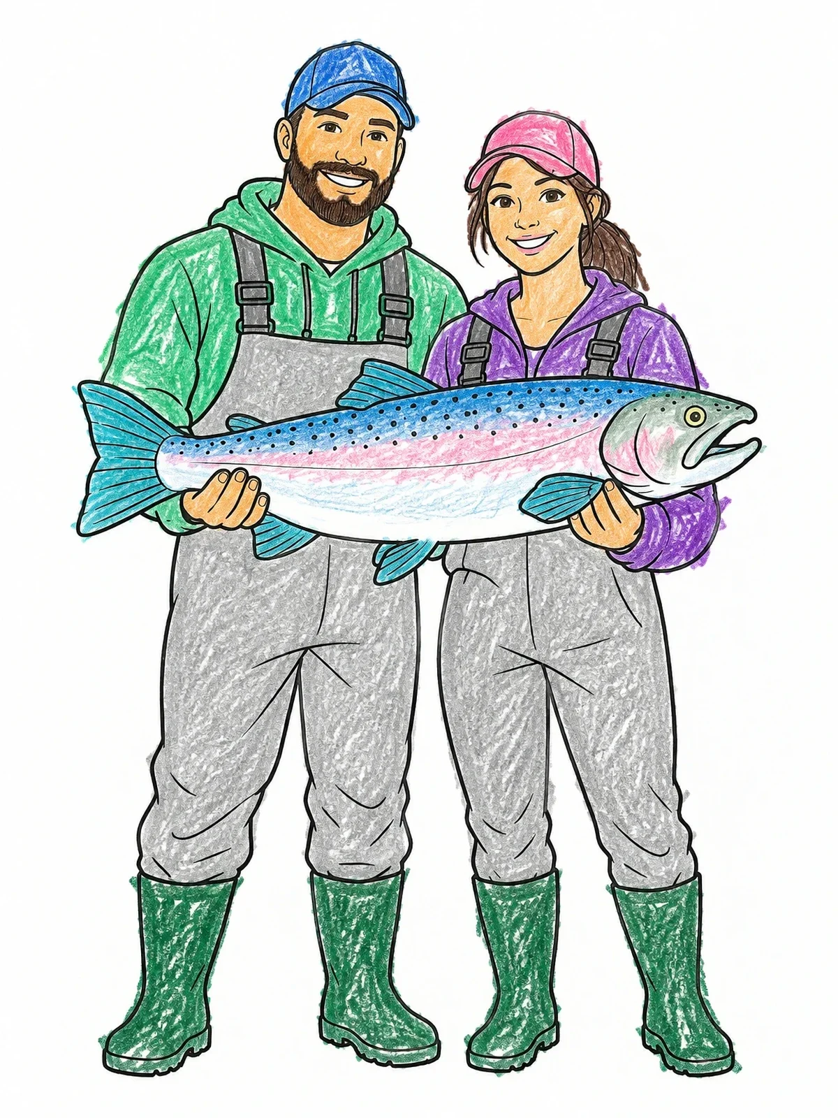 Colored example of the Couple Holding A Big Fish Catch coloring page