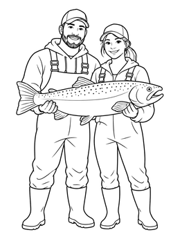 A smiling fishing couple holds a large salmon together in this fisherman coloring page.