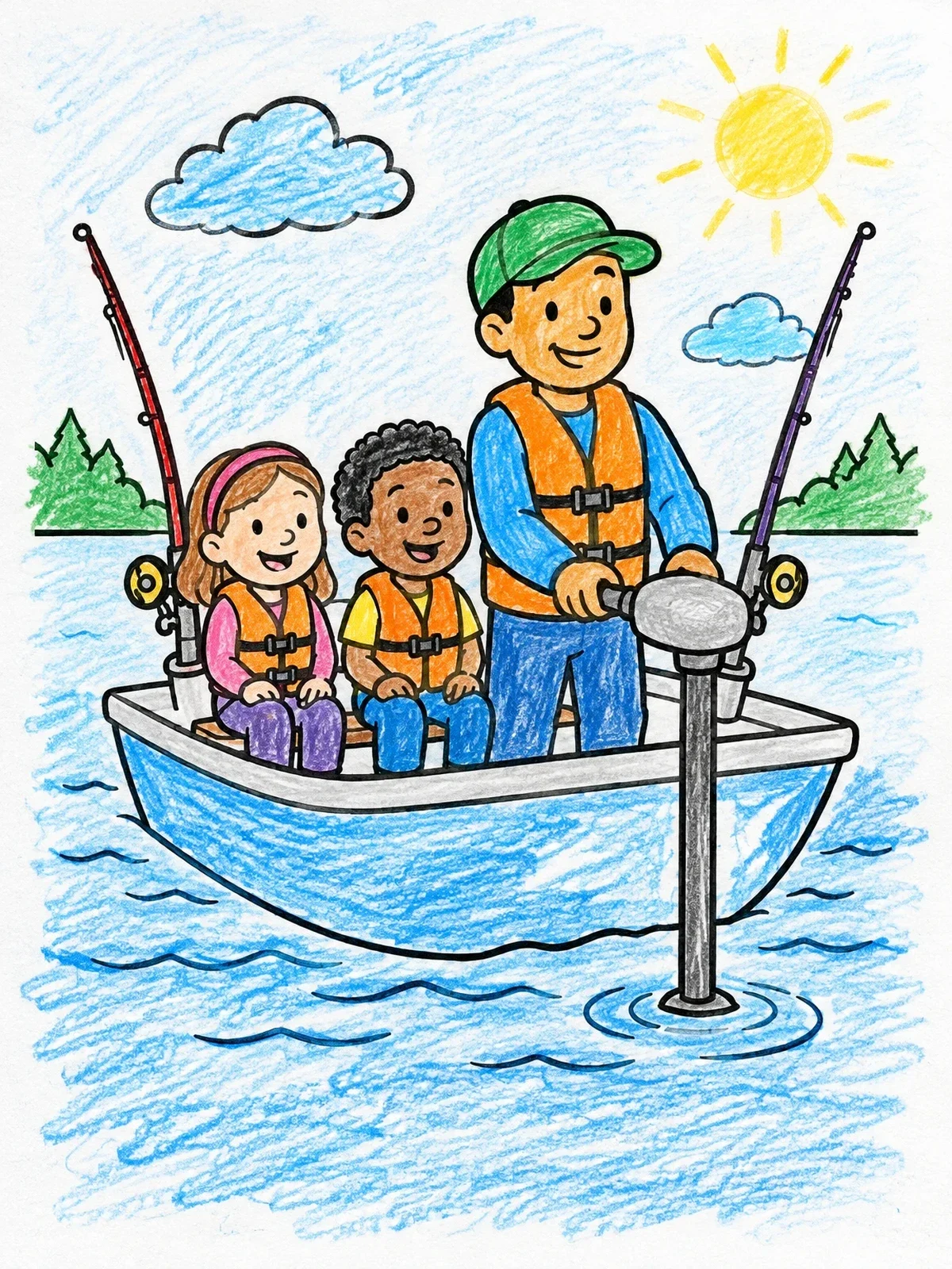 Colored example of the Family Fishing Trip In A Small Boat coloring page