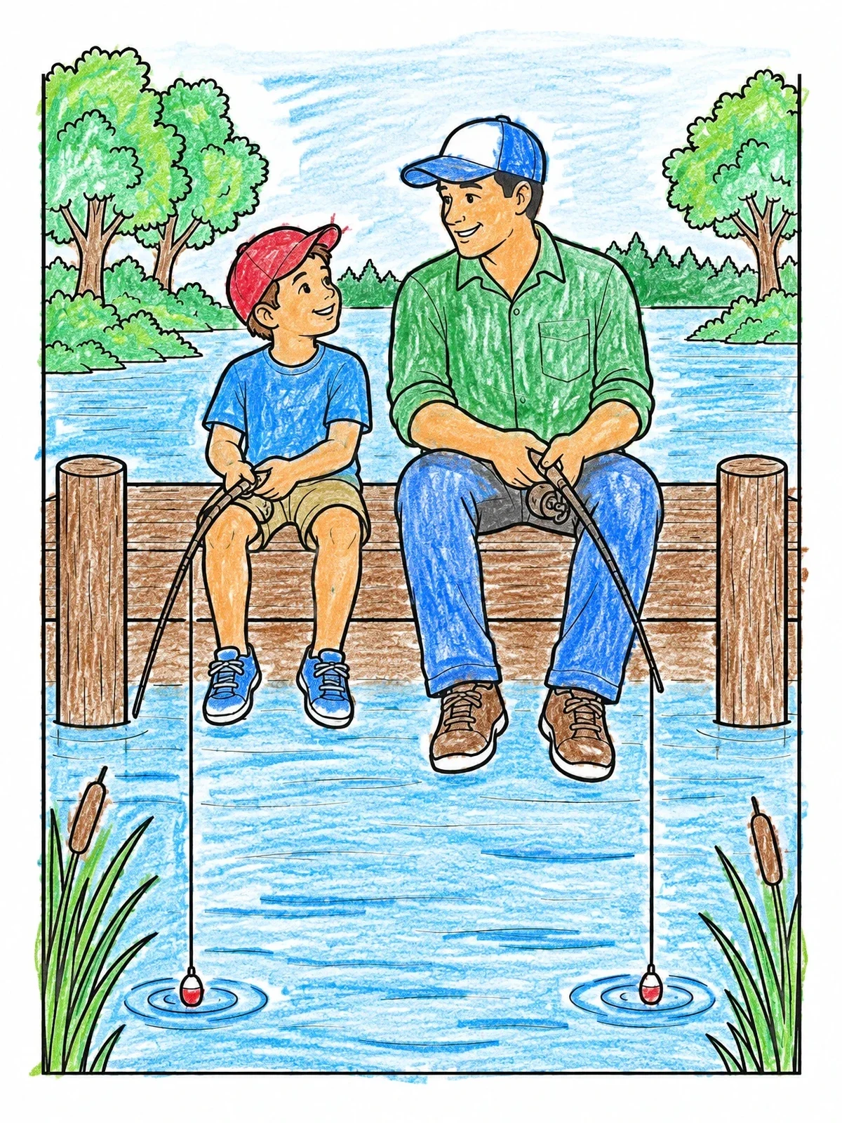 Colored example of the Father And Son Fishing On Dock coloring page