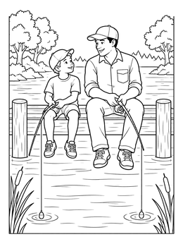 A father and son sitting on a wooden dock together in this fisherman coloring page.