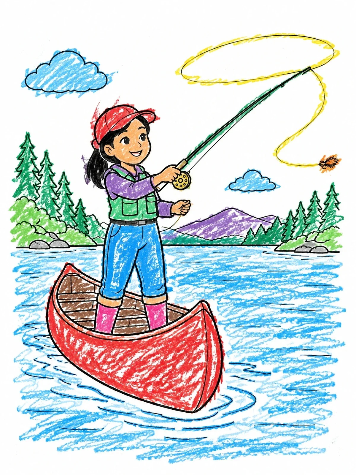 Colored example of the Young Girl Fly Fishing In Canoe coloring page