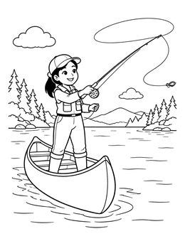 Free printable Young Girl Fly Fishing In Canoe coloring page
