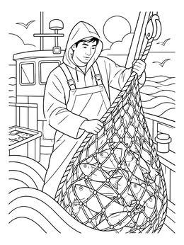 A detailed fisherman coloring page shows a man in rain gear pulling a net full of fish aboard a boat.