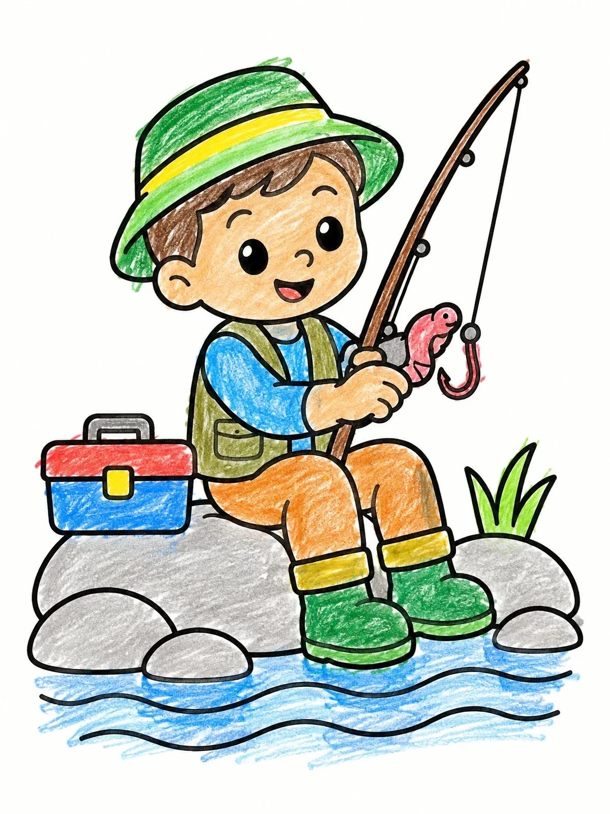 Colored example of the Little Boy Fishing By The Water coloring page