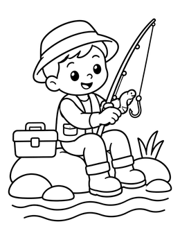 A cheerful young boy on this fisherman coloring page sitting on river stones with a rod.