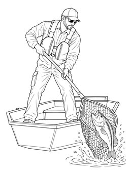 A man in a boat uses a net in this fisherman coloring page.