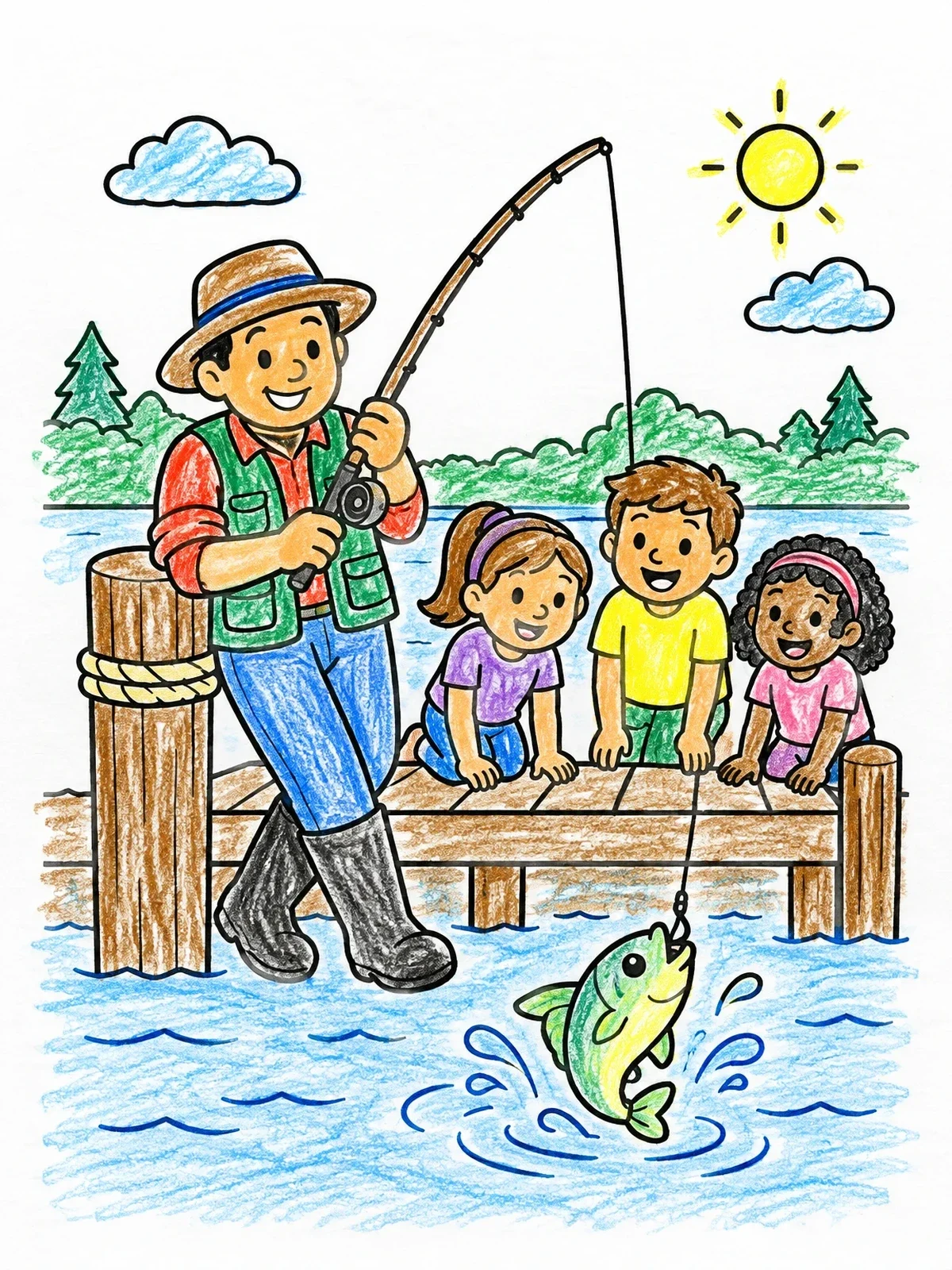 Colored example of the Fisherman Showing Catch To Children coloring page