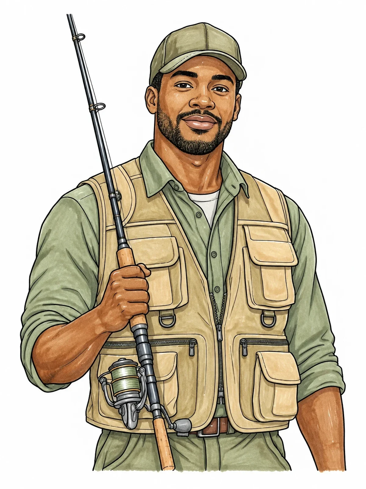 Colored example of the Smiling Angler With Fishing Rod coloring page