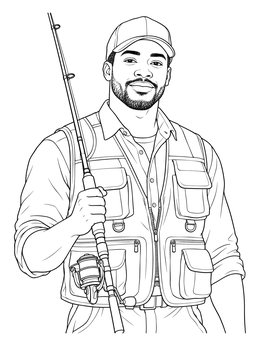 A smiling fisherman coloring page featuring an angler in a vest holding a fishing rod.
