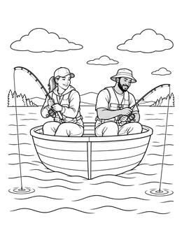 A man and woman hold fishing rods on this fisherman coloring page set on a calm lake.