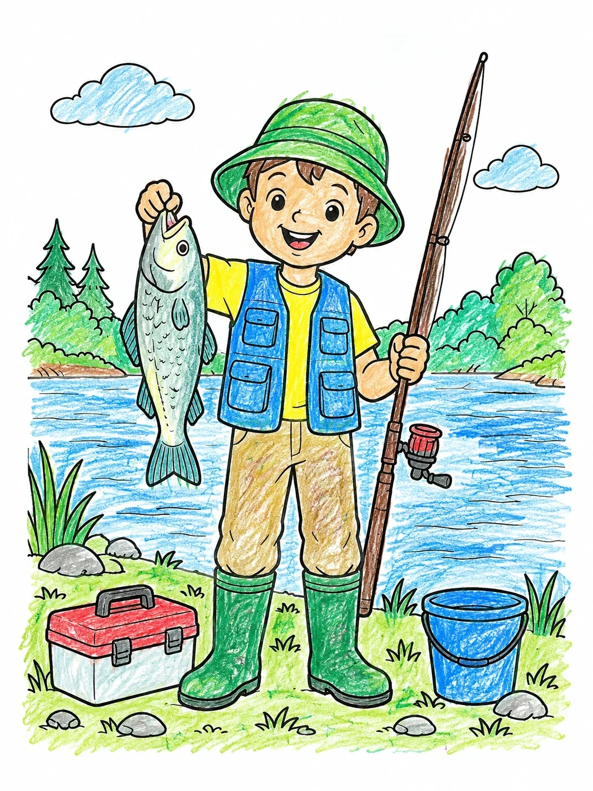 Colored example of the Young Boy Catching Big Fish coloring page