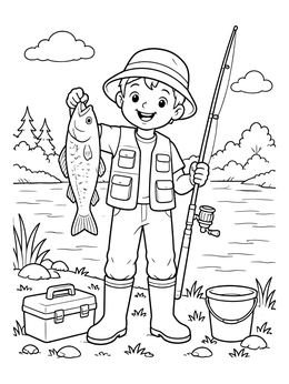 Free printable Young Boy Catching Big Fish coloring page