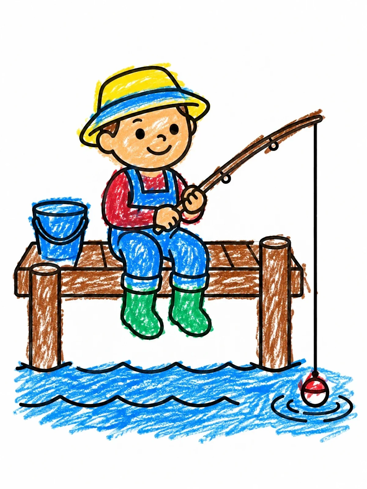 Colored example of the Young Boy Fishing On Dock coloring page