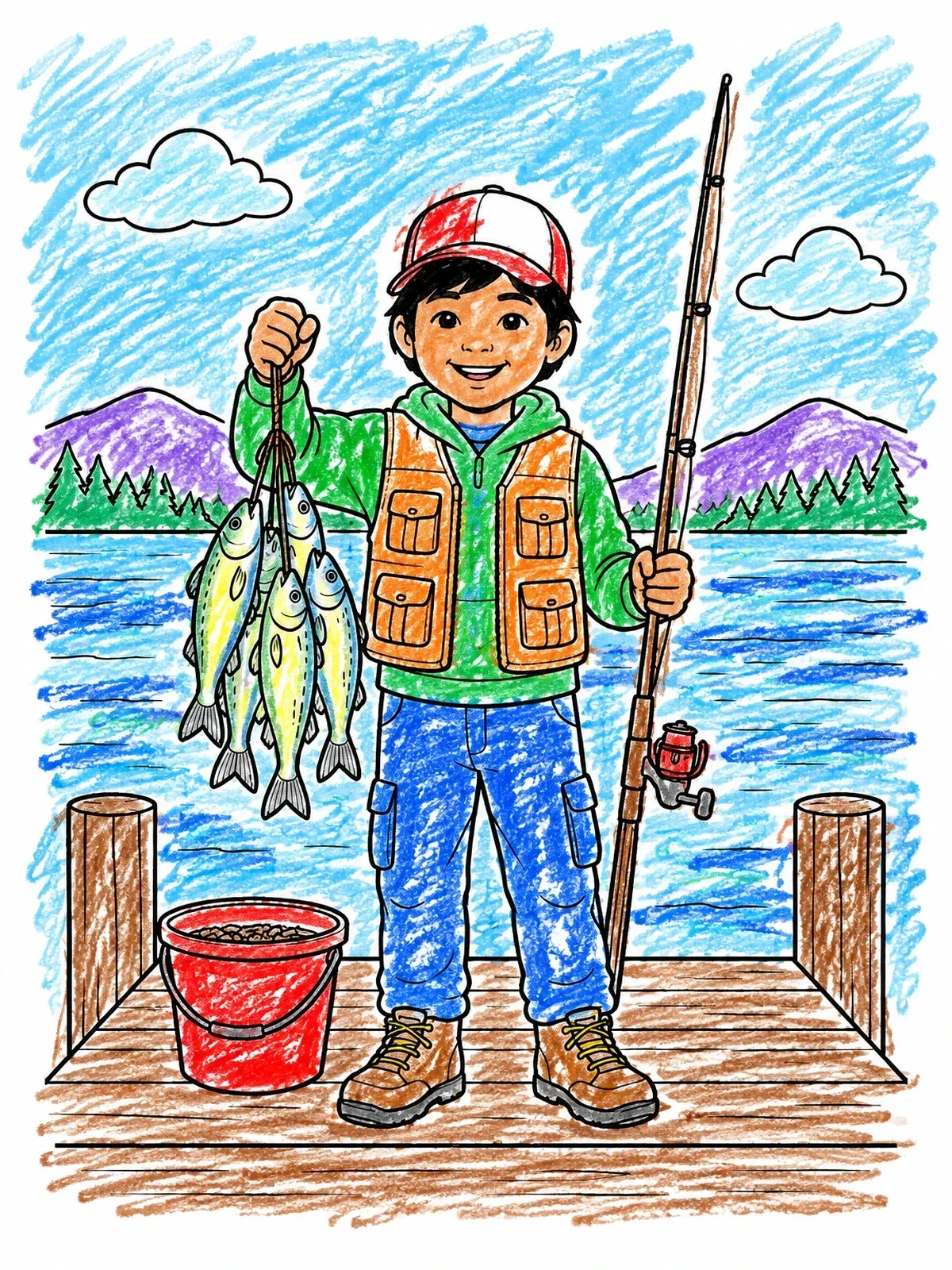 Colored example of the Young Boy Fishing On The Pier coloring page