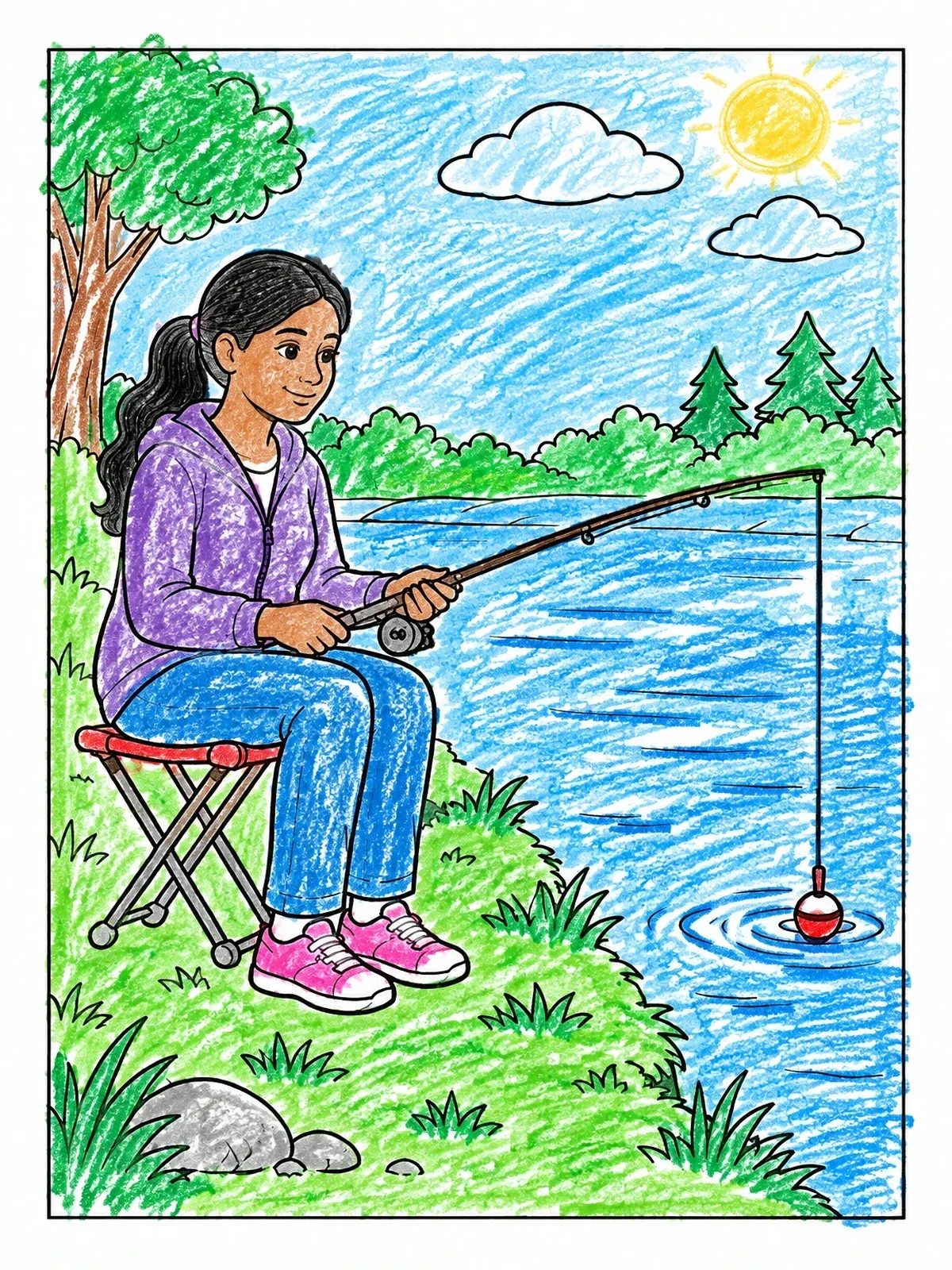 Colored example of the Young Girl Fishing By The River coloring page