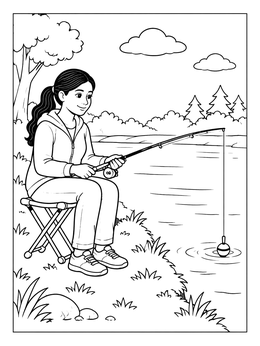 Free printable Young Girl Fishing By The River coloring page