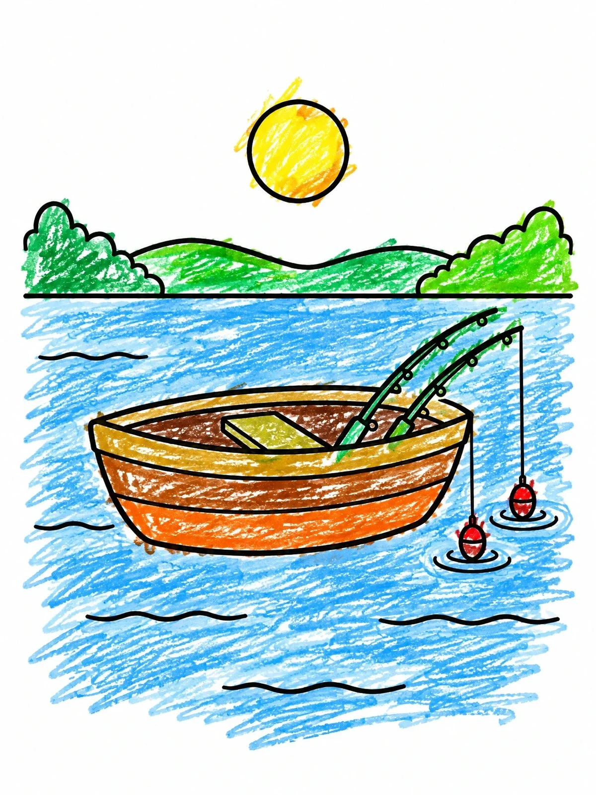 Colored example of the Fishing Boat On Calm Lake coloring page