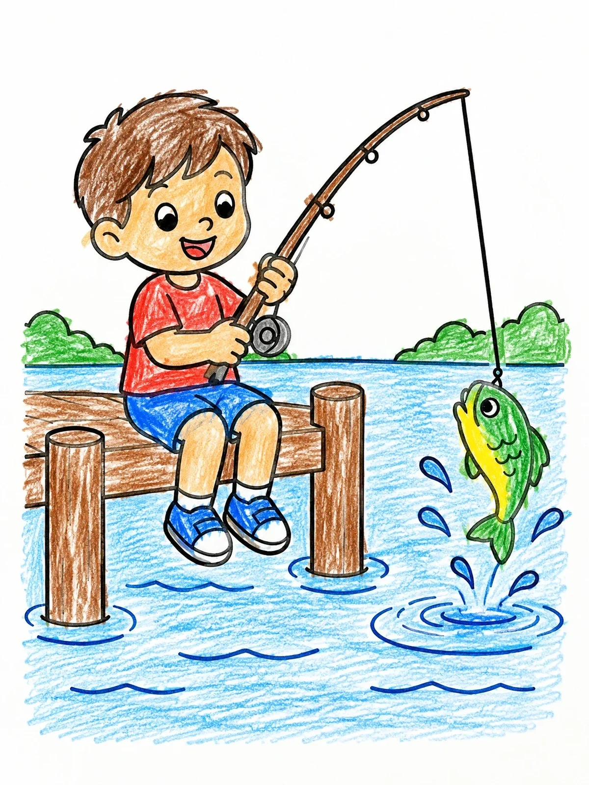 Colored example of the Boy Catching A Fish From The Dock coloring page