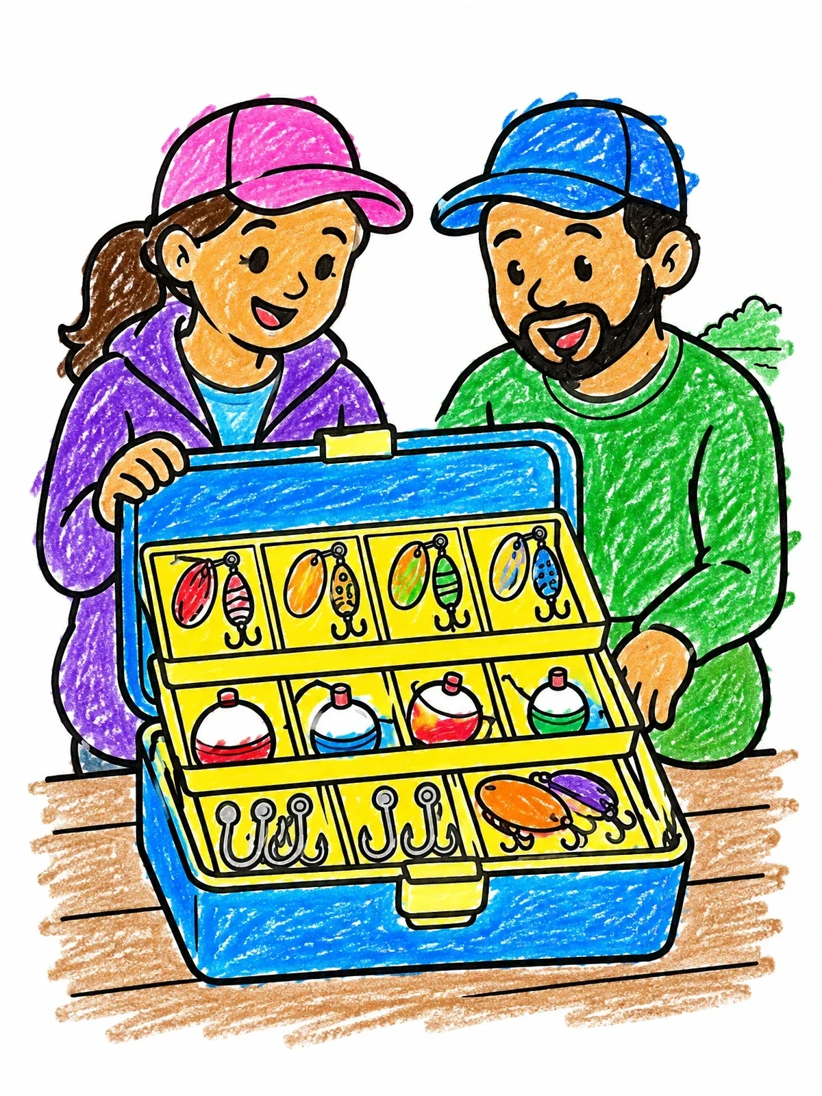 Colored example of the Family Checking The Tackle Box coloring page