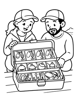 Free printable Family Checking The Tackle Box coloring page