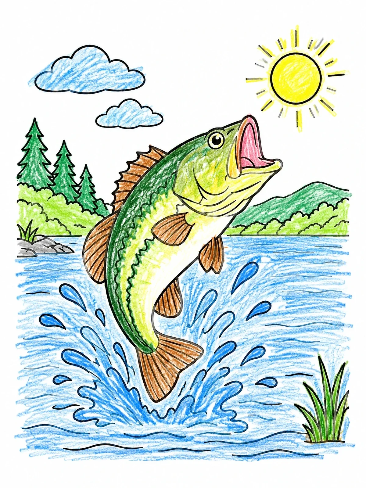Colored example of the Jumping Bass In The Sun coloring page