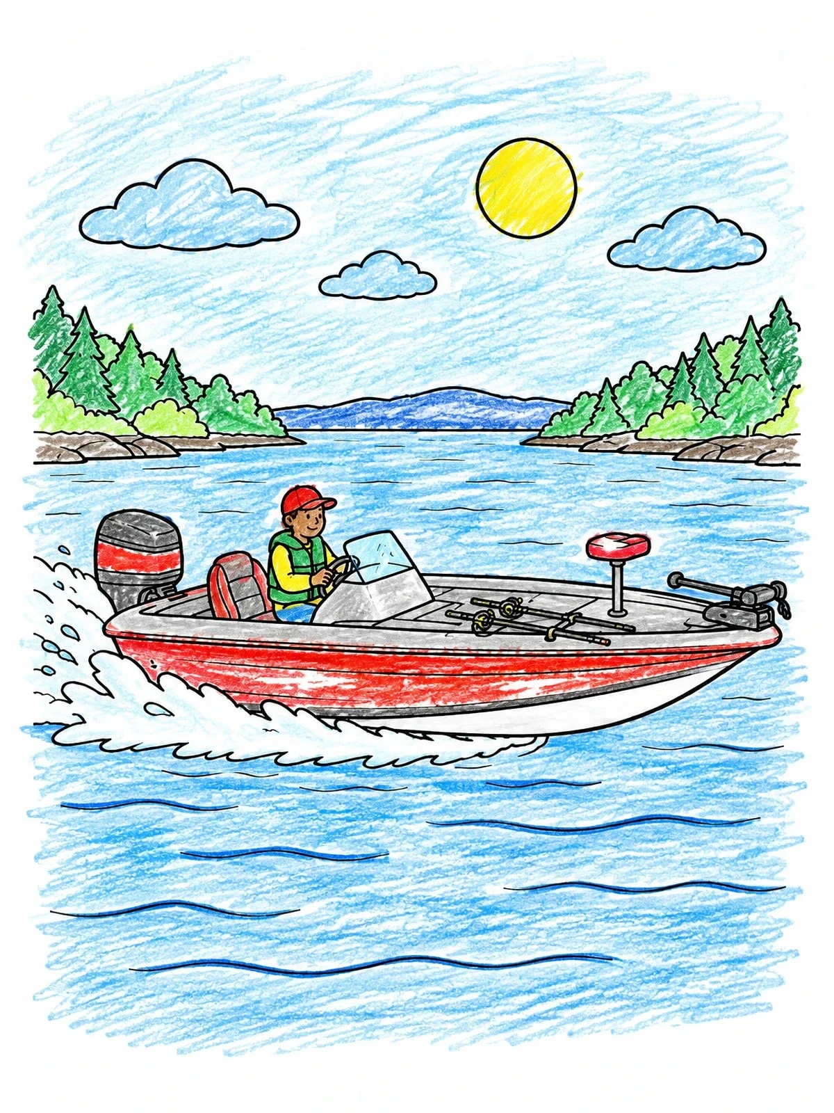 Colored example of the Speeding Bass Boat On The River coloring page