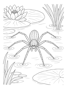 A fishing spider rests on pond ripples in this detailed spider coloring page with water lilies.