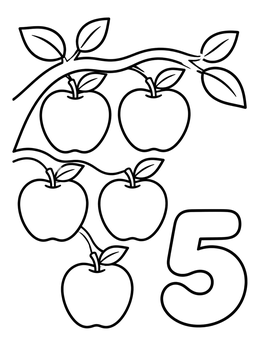 Free printable Five Apples And Number Five coloring page